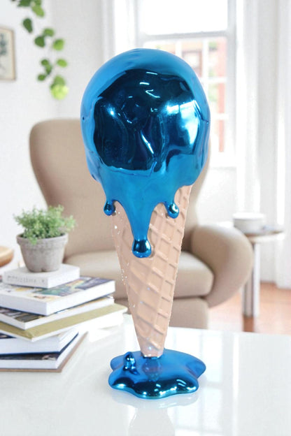 NIFAO Resin Ice Cream Cone Statue Blue Dripping Pop Art Style Decor 5" x 5" x 14"H