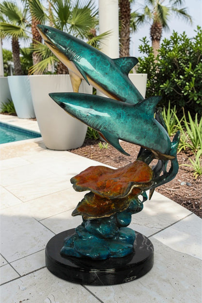 Nifao Bronze Shark Sculpture – Two Sharks Swimming Above Coral Reef – Handcrafted Lost Wax Cast Bronze with Patina Finish on Black Marble Base and Gift 11" x 16" x 23"H