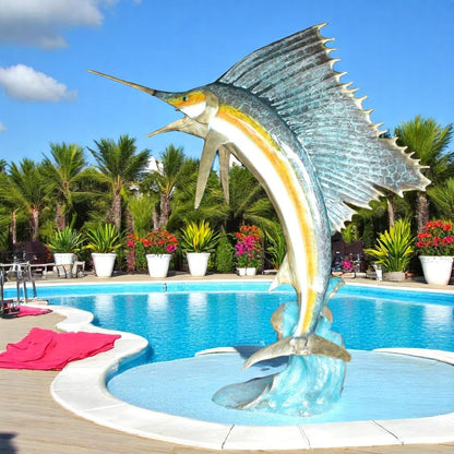 NIFAO Bronze Sailfish with 4 Mahi Mahi Statue –Tall Handcrafted Lost-Wax Cast Bronze Fountain Sculpture with Patina & Polychrome Finish,Outdoor Garden & Décor Masterpiece 90" L x 34" W x 90" H
