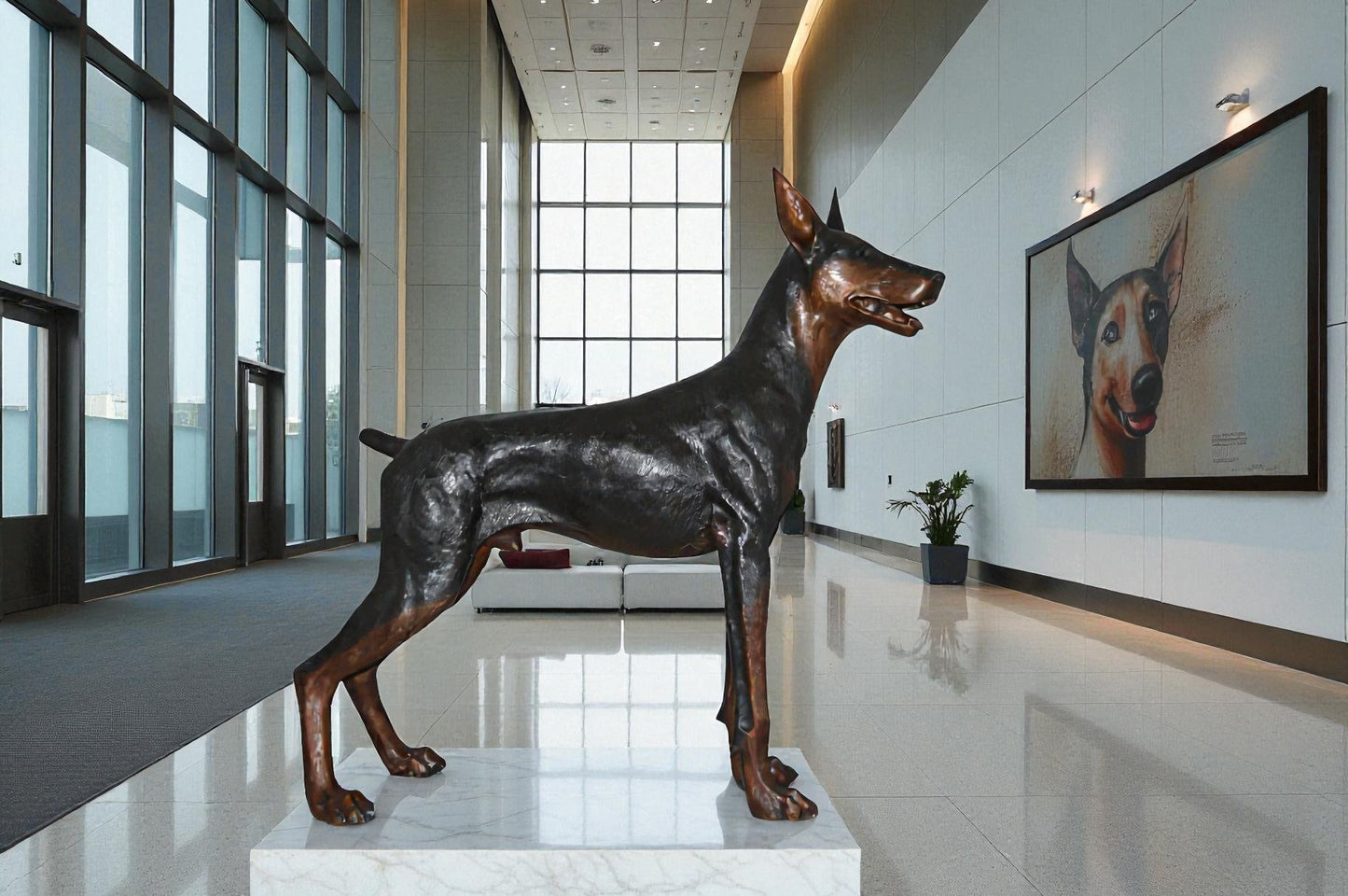 Doberman Dog Bronze Statue -  Size: 36"L x 9"W x 38"H.