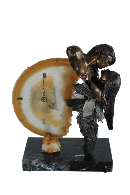 NIFAO Angel Clock Sculpture with Agate Bronze Art by Vidal Spain 10"x5"x12"H