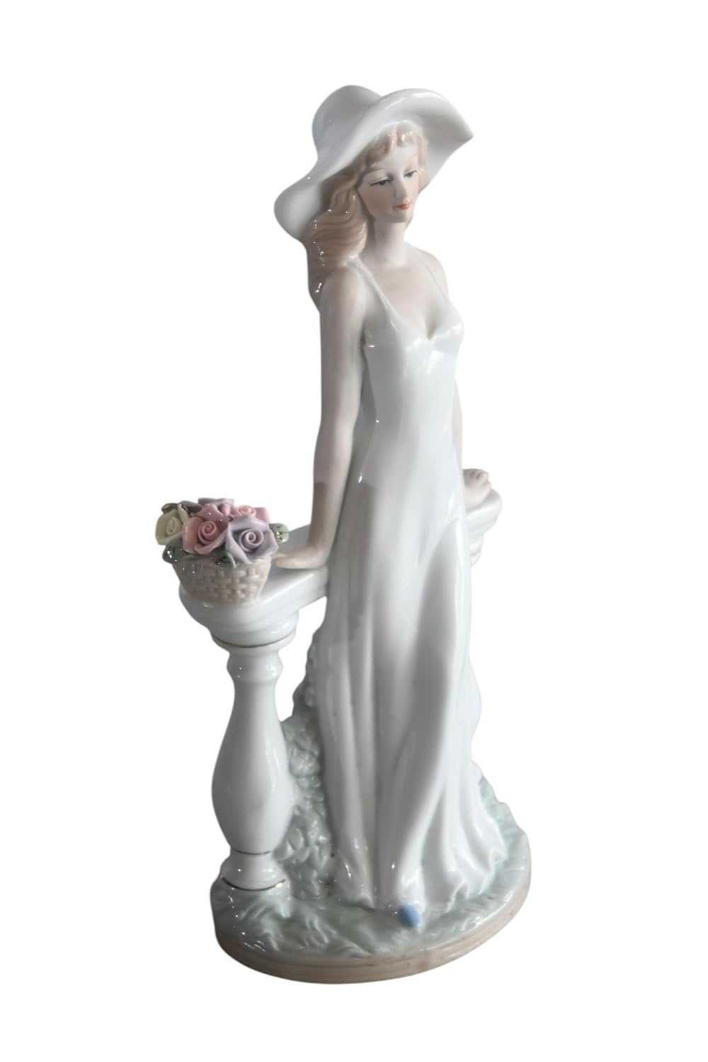 Porcelain Elegant Lady White Gown Hat Rose Basket Statue 6"x4"x12"H
