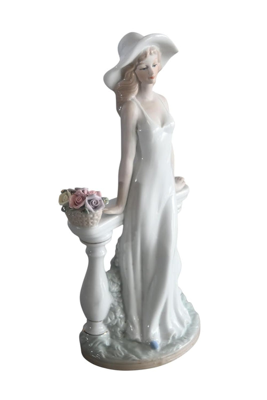 Porcelain Elegant Lady White Gown Hat Rose Basket Statue 6"x4"x12"H