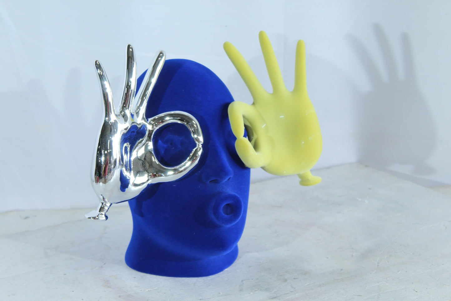 NIFAO Resin Blue Velvet Head Statue with Yellow and Silver Hand Design 12" x 8" x 12"H