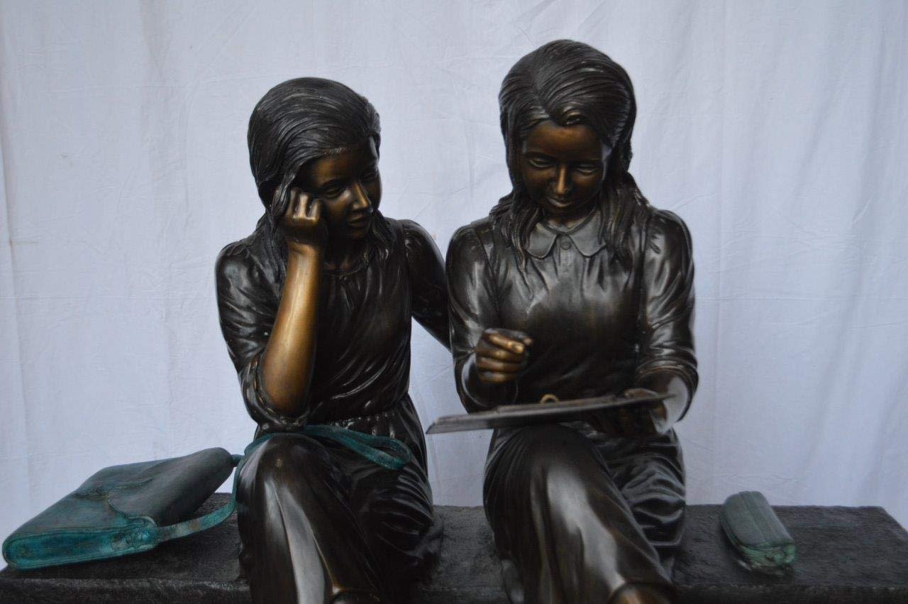Two Schoolgirls Sitting On a Bench Bronze Statue -  Size: 45"L x 24"W x 41"H.