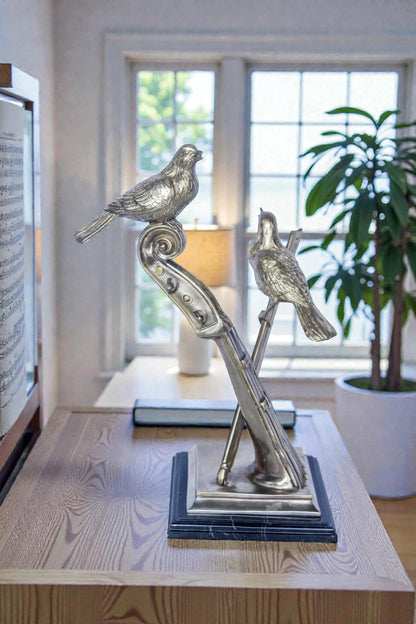 Creative Art, Violin and Two Birds, Bronze Statue in Silver Finish 12 x 8 x 19"H