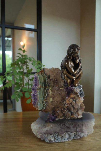 NIFAO Lovers Embrace Clock with Amethyst Geode Bronze by Vidal Spain 8"x7"x10"H