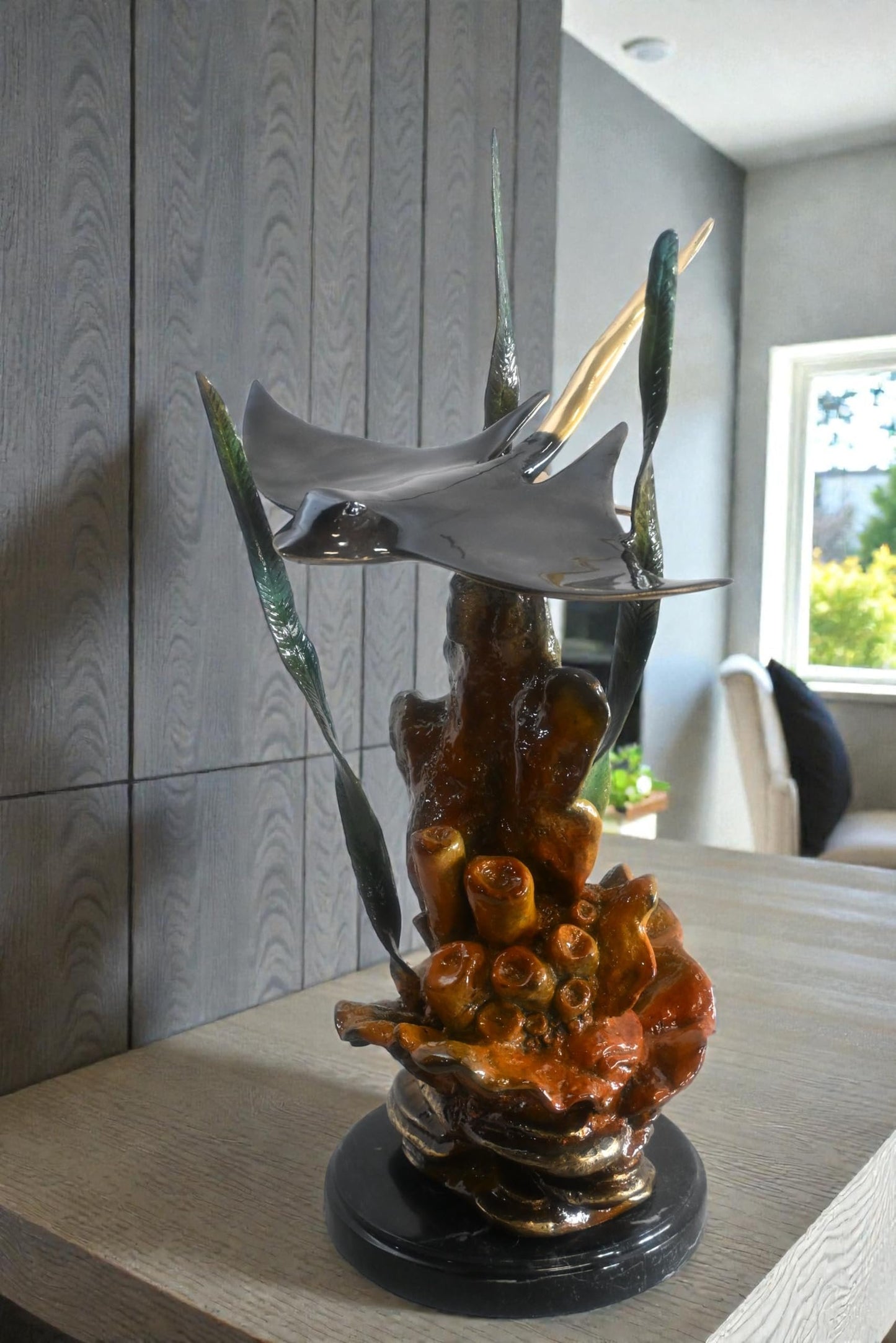 Bronze Manta Ray Sculpture Coral Reef Ocean Statue 11"x11"x18"H
