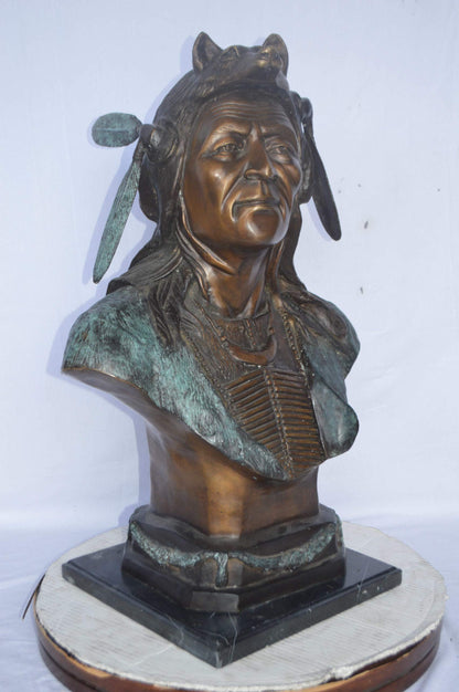 Indian Tribe Leader Bust bronze statue - Size: 22"L x 15"W x 32"H.