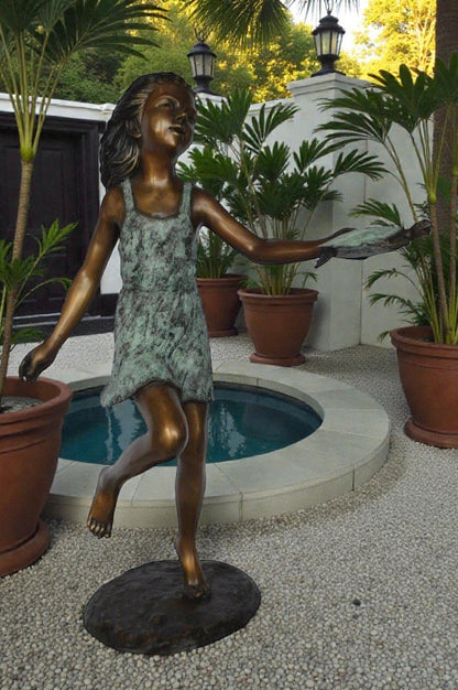 Girl holding turtle bronze fountain statue -  Size: 26"L x 19"W x 37"H.