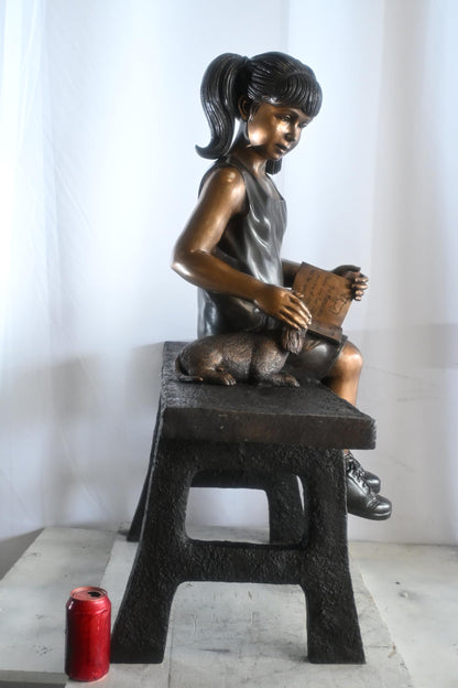 Bronze Girl Reading on Bench with Puppy Statue Sculpture 37"x15"x40"H