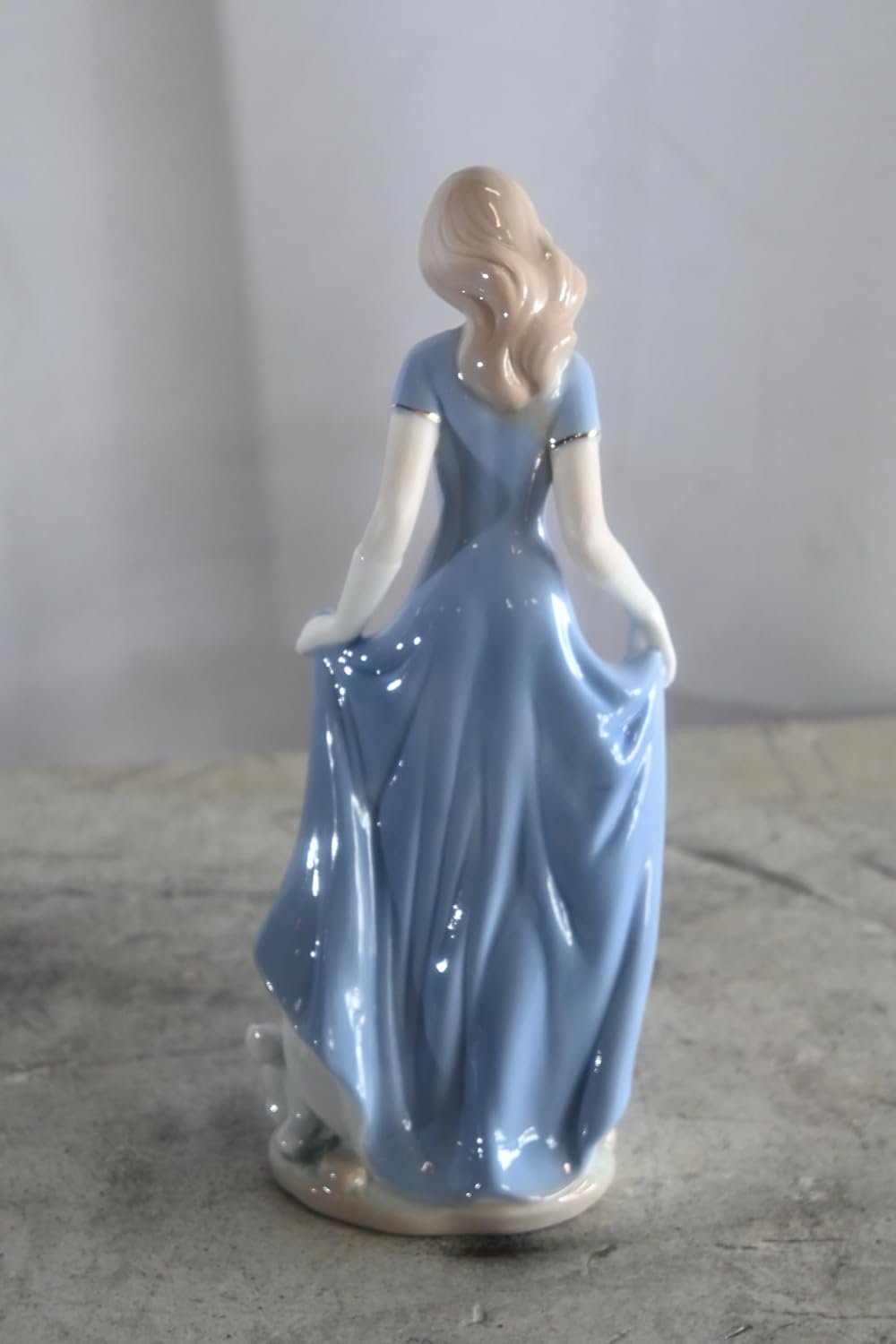 Porcelain Elegant Lady Blue Gown with White Puppy Statue 5"x4"x11"H