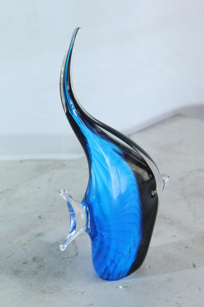 NIFAO Glass Angelfish Figurine Blue Black Hand Blown Art Decor 6" x 3" x 9"H
