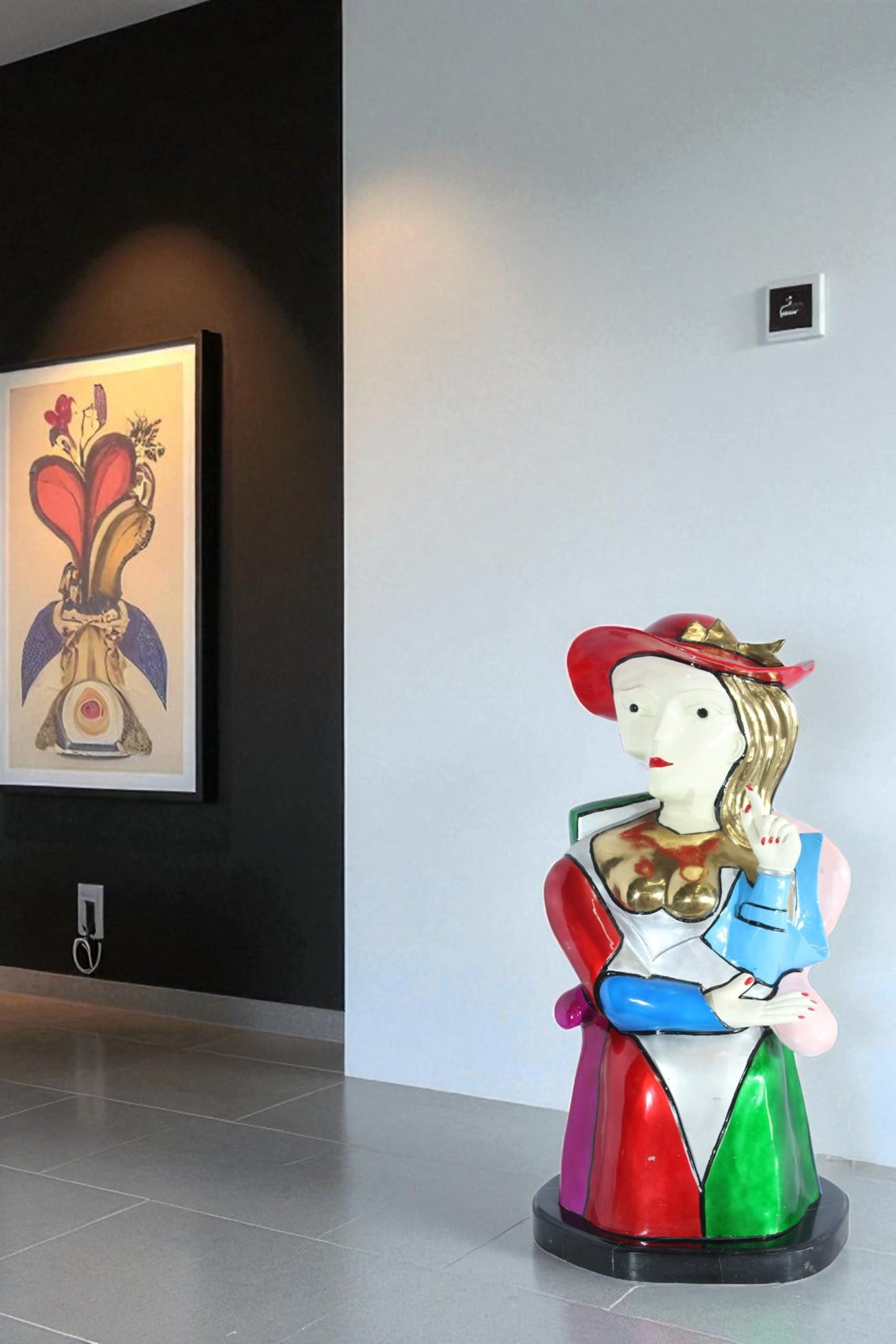 NIFAO Colorful Picasso Style Bronze Woman Bust with Red Hat 18" x 16" x 32"H