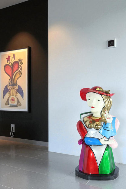 NIFAO Colorful Picasso Style Bronze Woman Bust with Red Hat 18" x 16" x 32"H