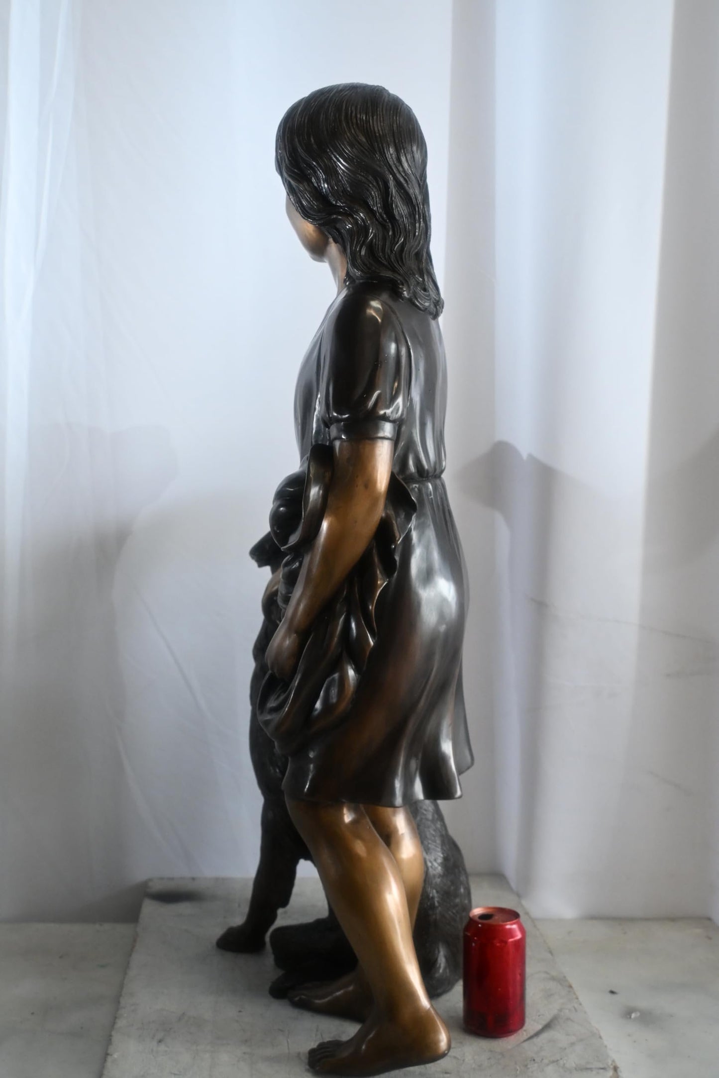 Bronze Girl with Dog Statue Standing Child and Pet Sculpture 23"x13"x39"H