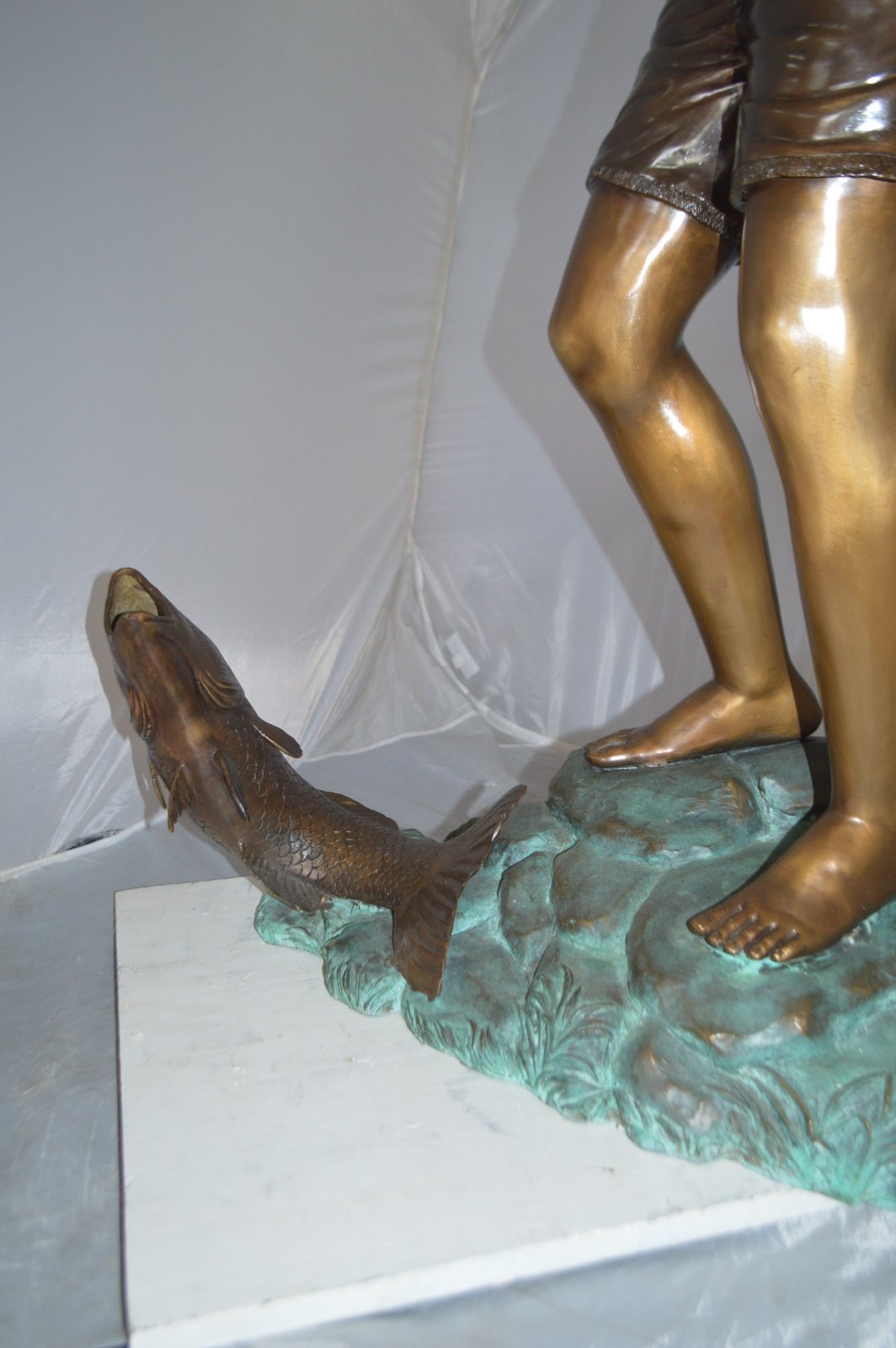 Standing Boy Fishing Fountain Bronze Statue -  Size: 58"L x 25"W x 72"H.