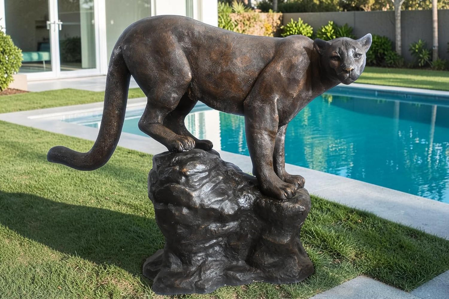 Giant Bronze Mountain Lion Cougar Statue on a Rock Base 64"x24"x52"H