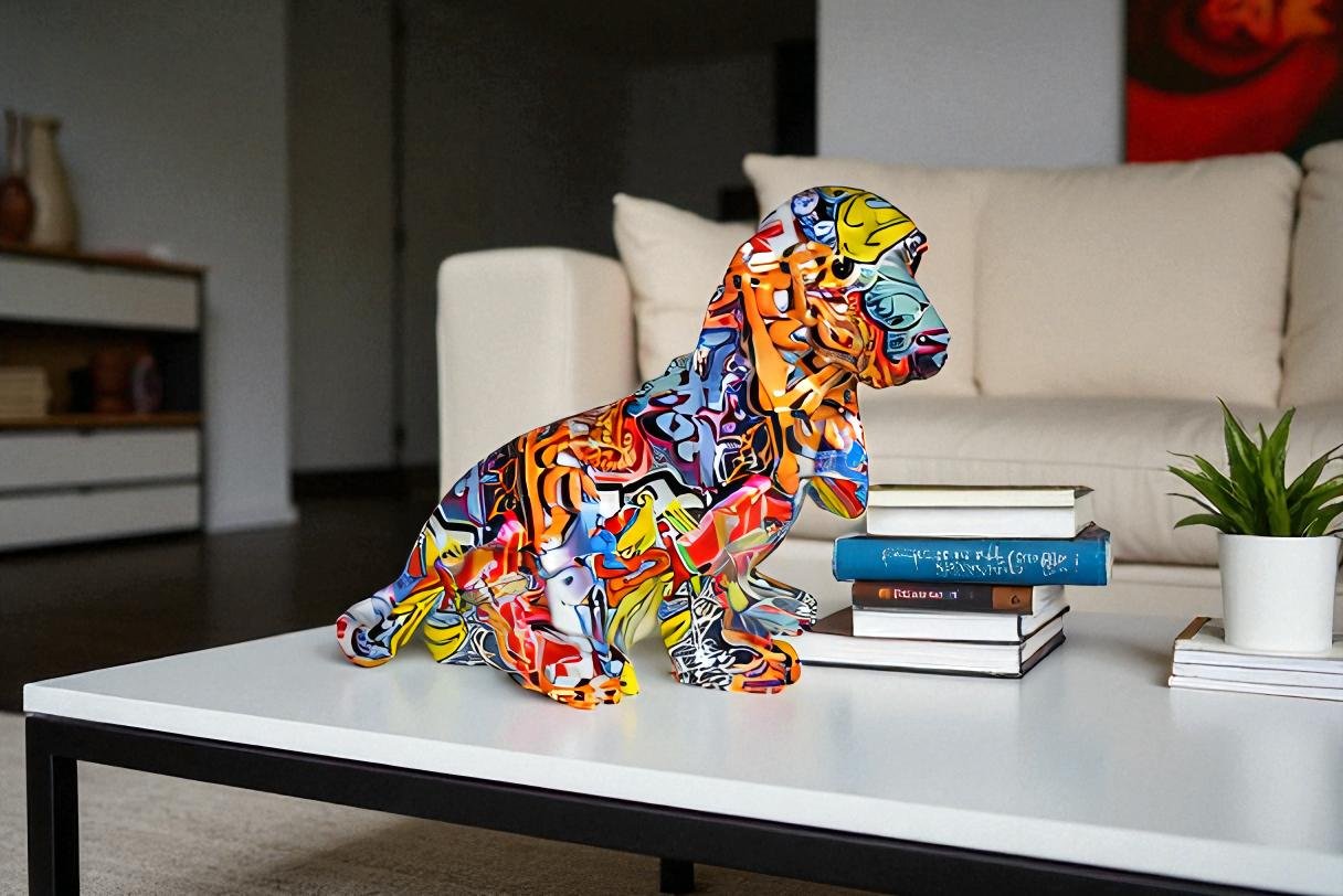 Modern Graffiti Basset Hound Dog Statue Made of Resin Size: 16" x 8" x 13"H