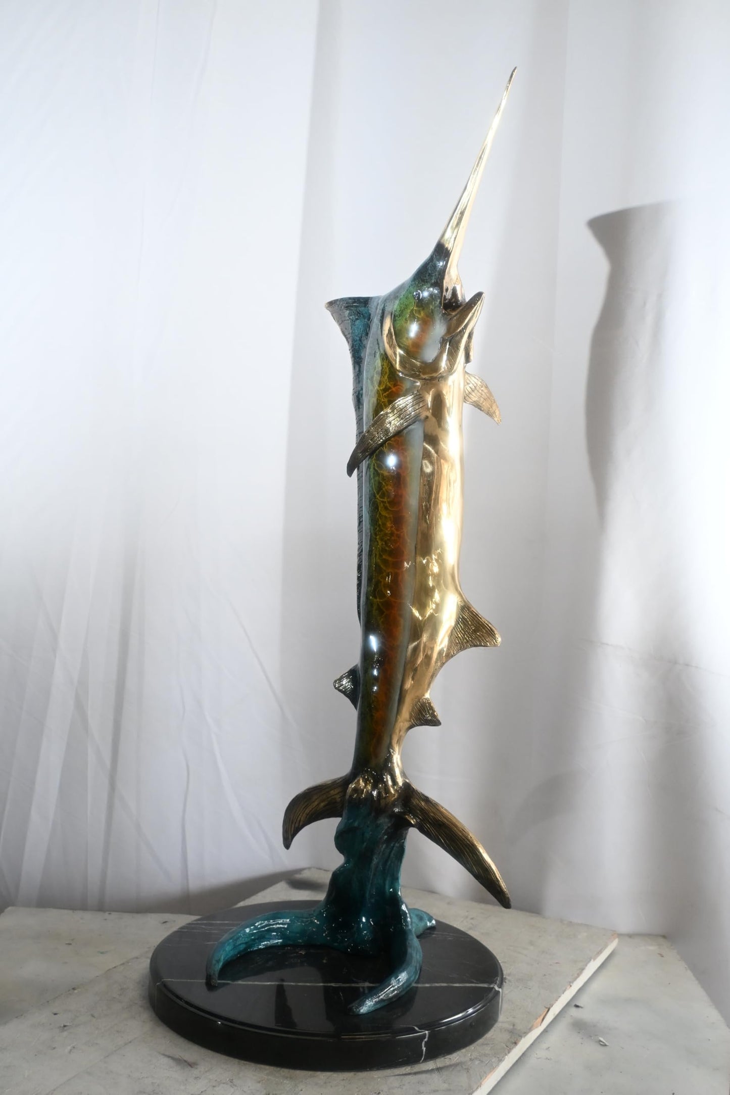 Leaping Marlin on Wave Bronze Sculpture Marble Base 14"x14"x41"H