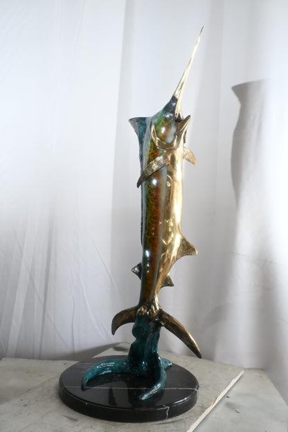Leaping Marlin on Wave Bronze Sculpture Marble Base 14"x14"x41"H