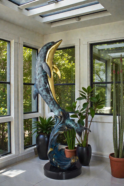 Dolphin Jumping the Waves Colored Bronze Statue Size: 15" x 10" x 31"H
