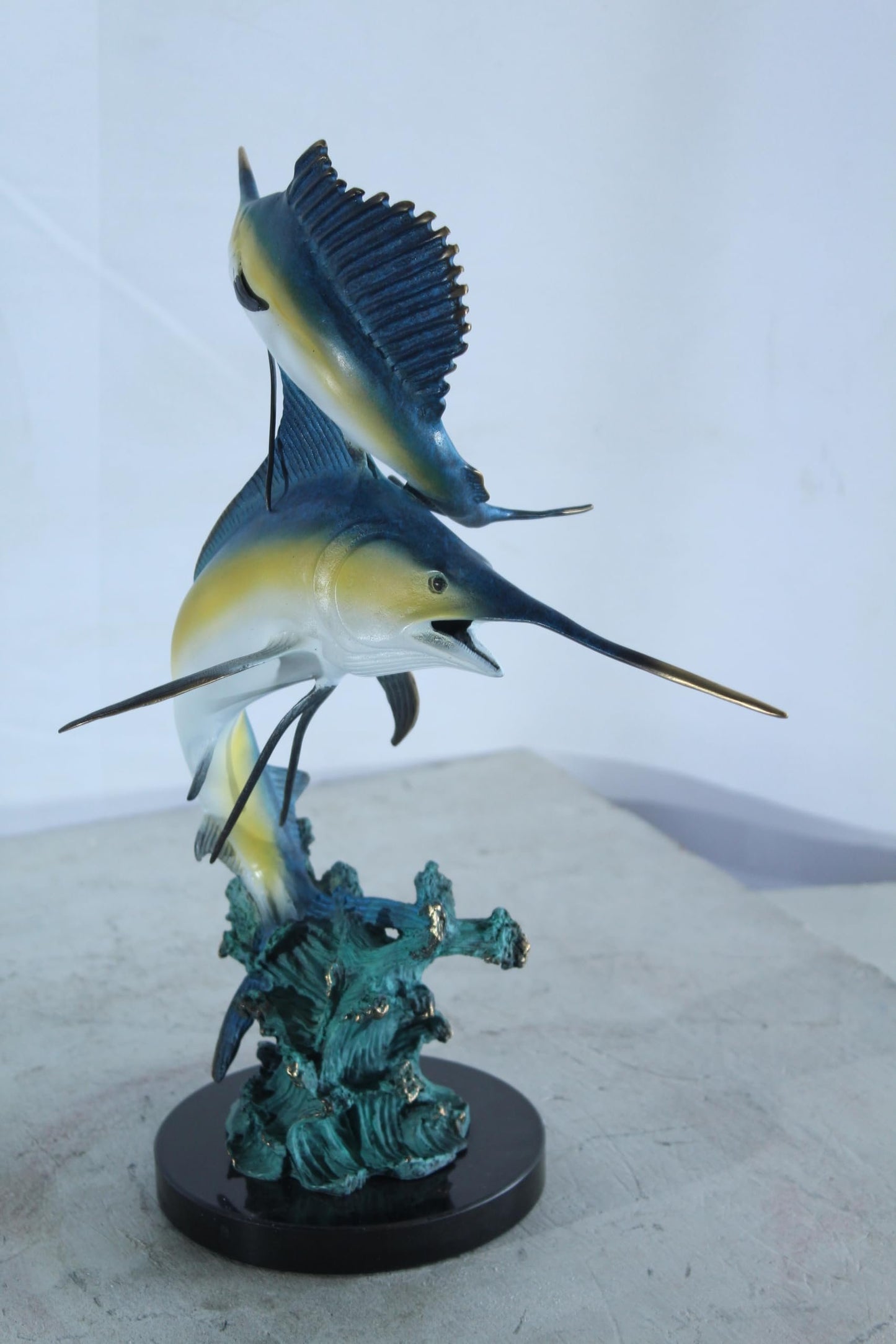 NIFAO Bronze Sailfish Duo Statue on Marble Base Coastal Sculpture 13" x 7" x 15"H