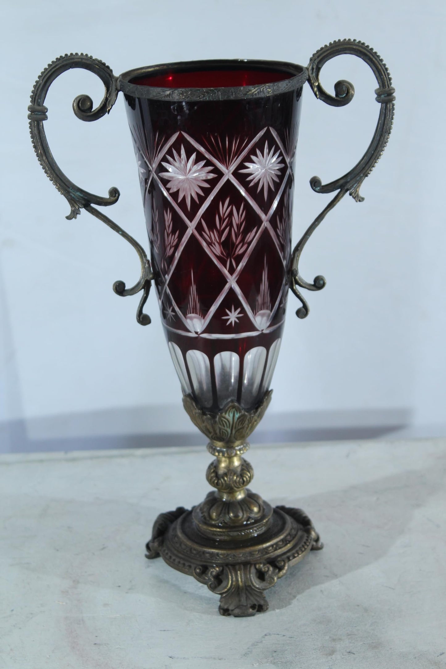 Ruby Red Cut Glass Trophy Vase with Metal Handles and Ornate Base 10"x6"x16"H