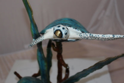Two Sea Turtles Swimming Bronze Statue -  Size: 17"L x 9"W x 20"H.