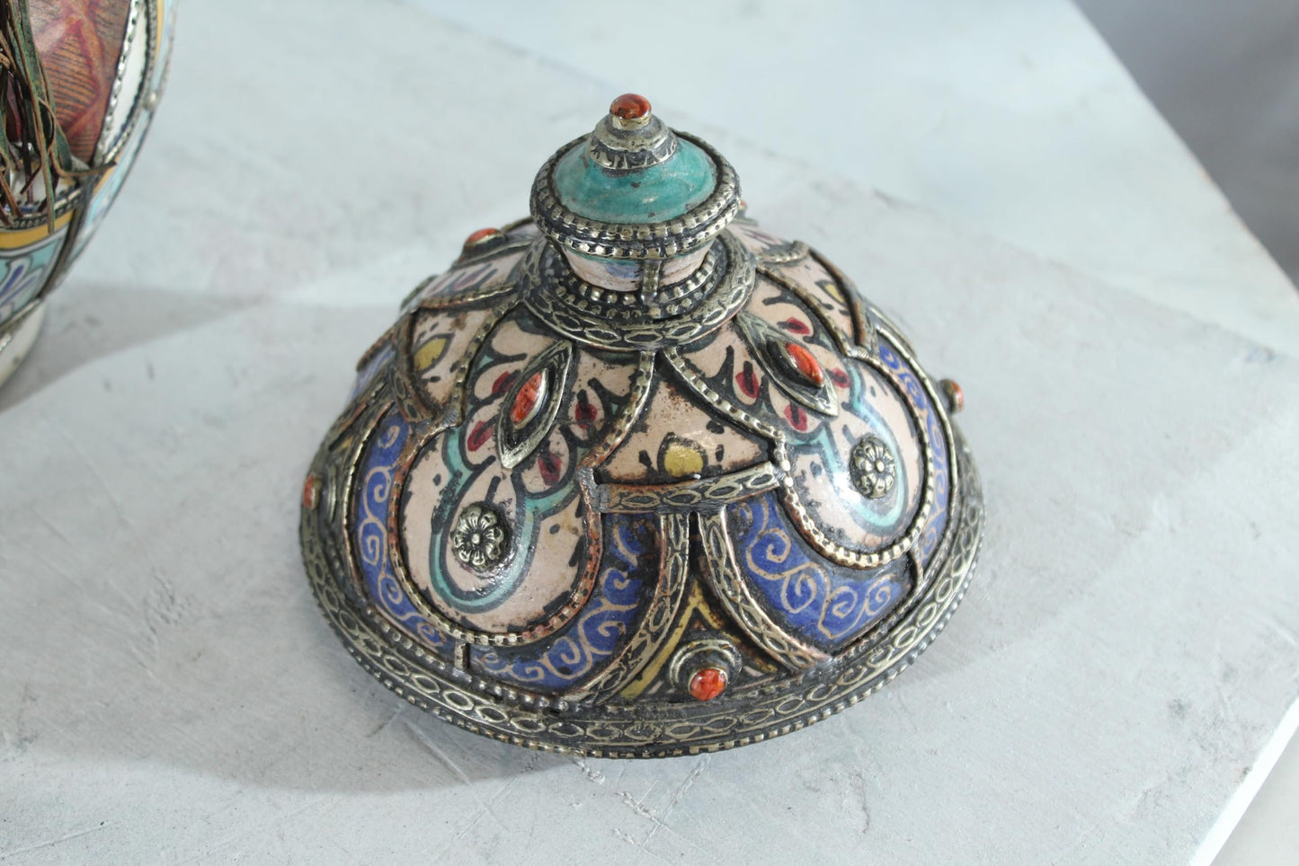 Handcrafted Ceramic Lidded Jar with Tassels and Metal Inlay 10" x 10" x 18"H