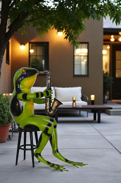 Green frog playing saxophone bronze statue - Size: 23"L x 15"W x 30"H.