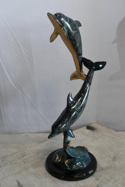 Two Dolphins Bronze Sculpture Leaping Wave Statue 10"x9"x24"H