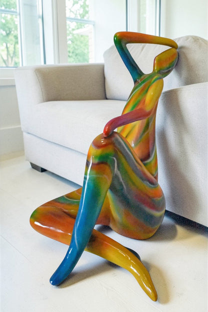 Modern Lady Touching her Head Bronze Statue - Size: 28"L x 23"W x 29"H.