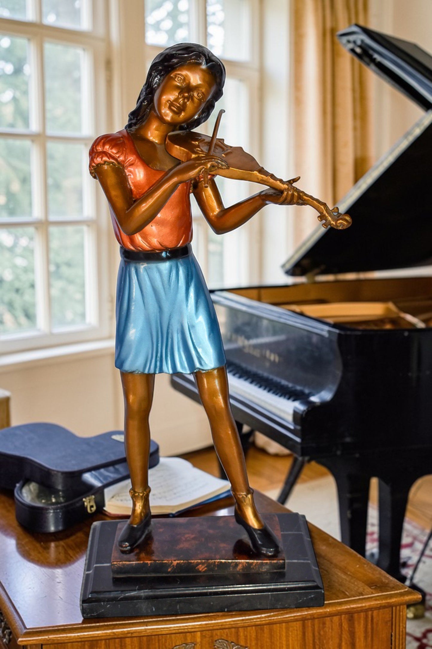 Young Girl Playing Violin Peacefully Bronze Statue  Size: 10" x 5" x 21"H