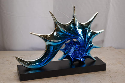 Modern Blue Chrome Sea Urchin Resin Statue on Black Base 17" x 4" x 12"H