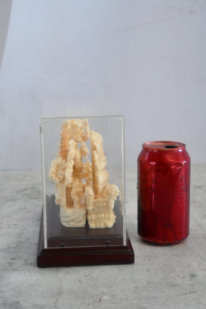 Carved Resin Chinese Sailing Junk Ship Diorama in Case 8"x4"x7"H