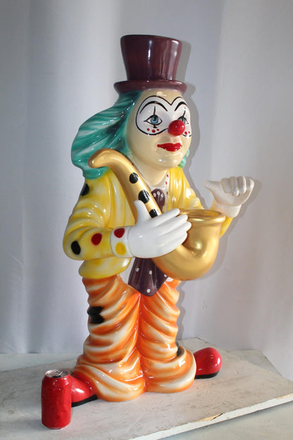 Whimsical Clown Fiberglass Statue, Jazzing Up with Saxophone 19" x 18" x 36"H