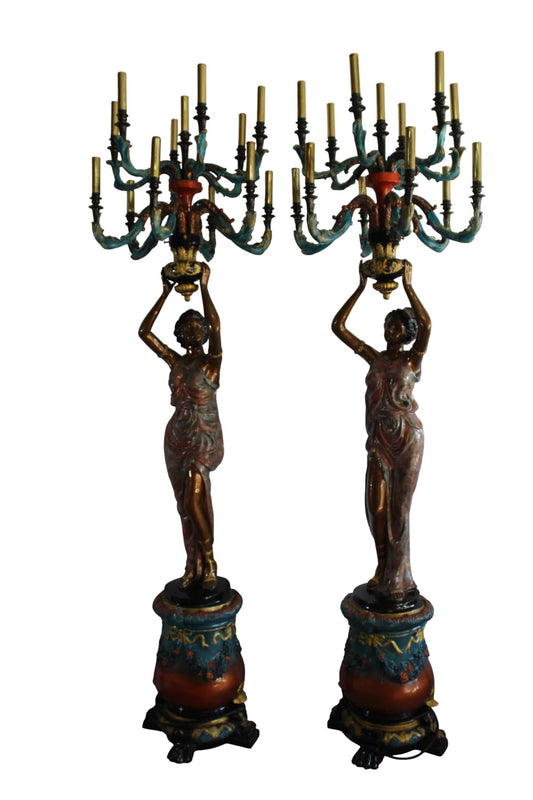 NIFAO Pair Giant Bronze Lady Candelabra Chandeliers Floor Lamps 30"x30"x100"H