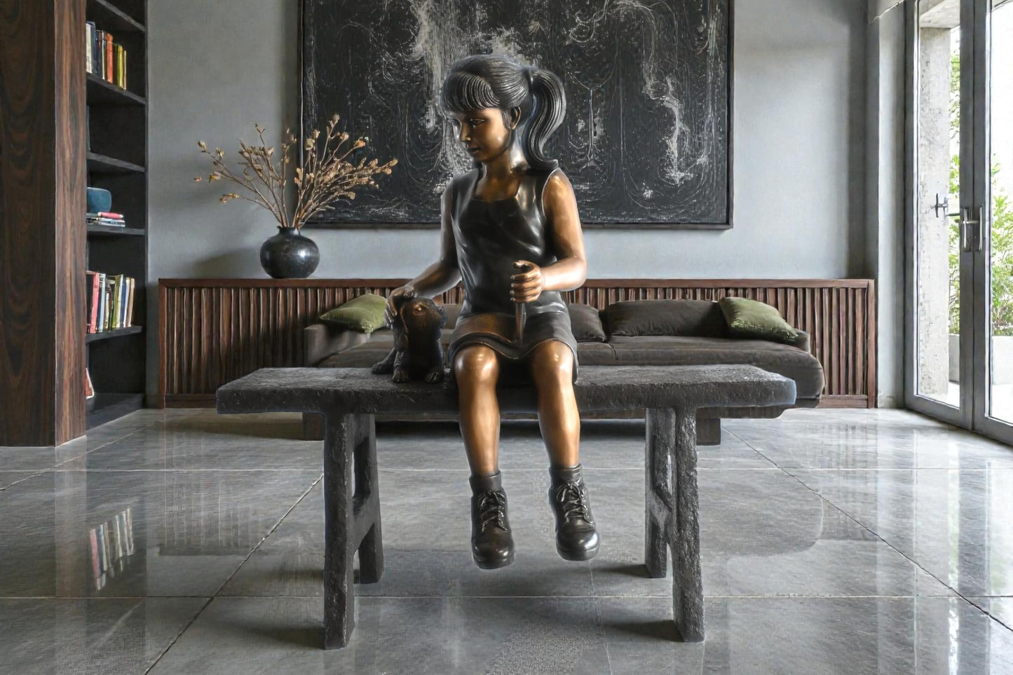 Bronze Girl Reading on Bench with Puppy Statue Sculpture 37"x15"x40"H