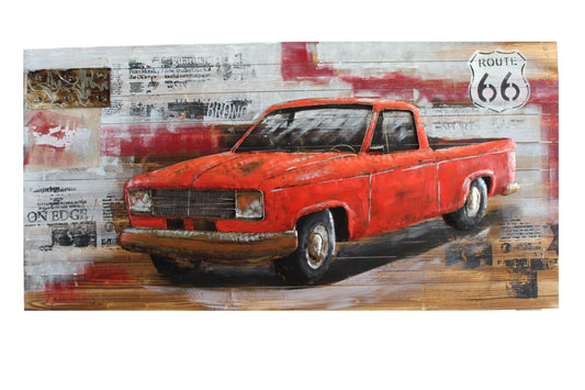 NIFAO Vintage Red Pickup Truck Painting on Wood with Raised Metal Accents 79" x 2" x 40"H