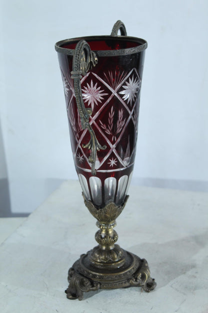 Ruby Red Cut Glass Trophy Vase with Metal Handles and Ornate Base 10"x6"x16"H