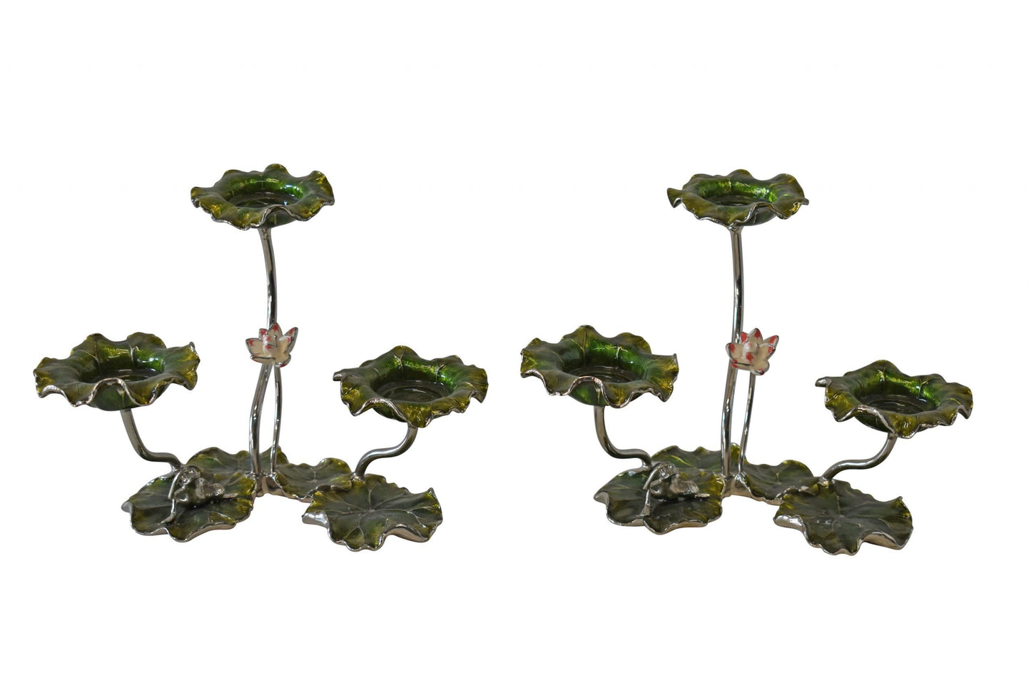 Two Sets of Candle Holders Made of Enameled Metal Size: 8" x 5" x 6"H