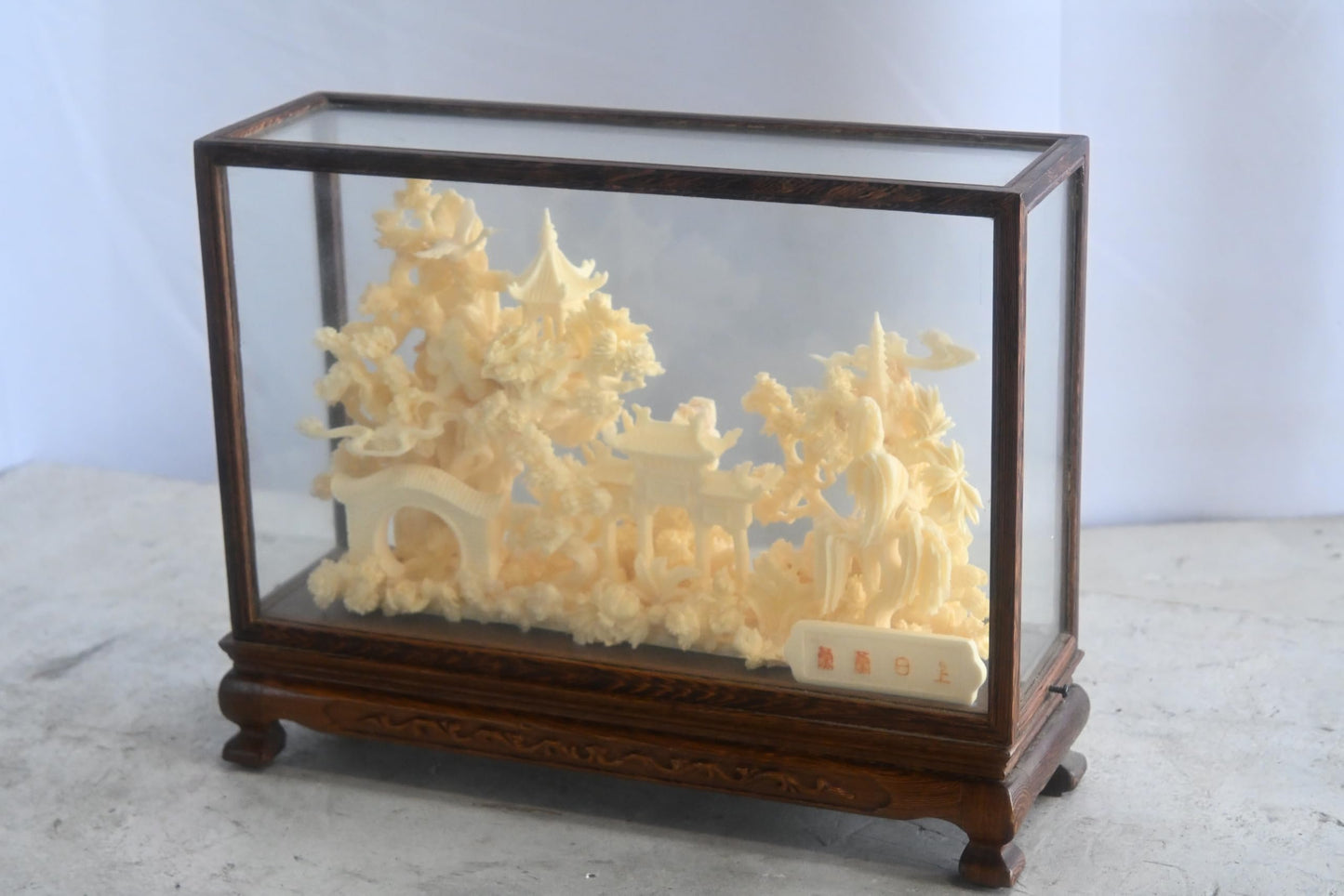Carved Resin Chinese Bridge and Pavilion in Wood Case 12"x4"x9"H