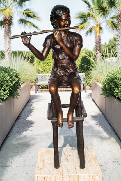 Young Girl Playing the Flute sitting on a Chair Bronze Statue 24" x 16" x 58"H