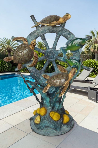Sunken Boat Anchor W Turtles, Fish Bronze Statue -  Size: 39"L x 23"W x 51"H.