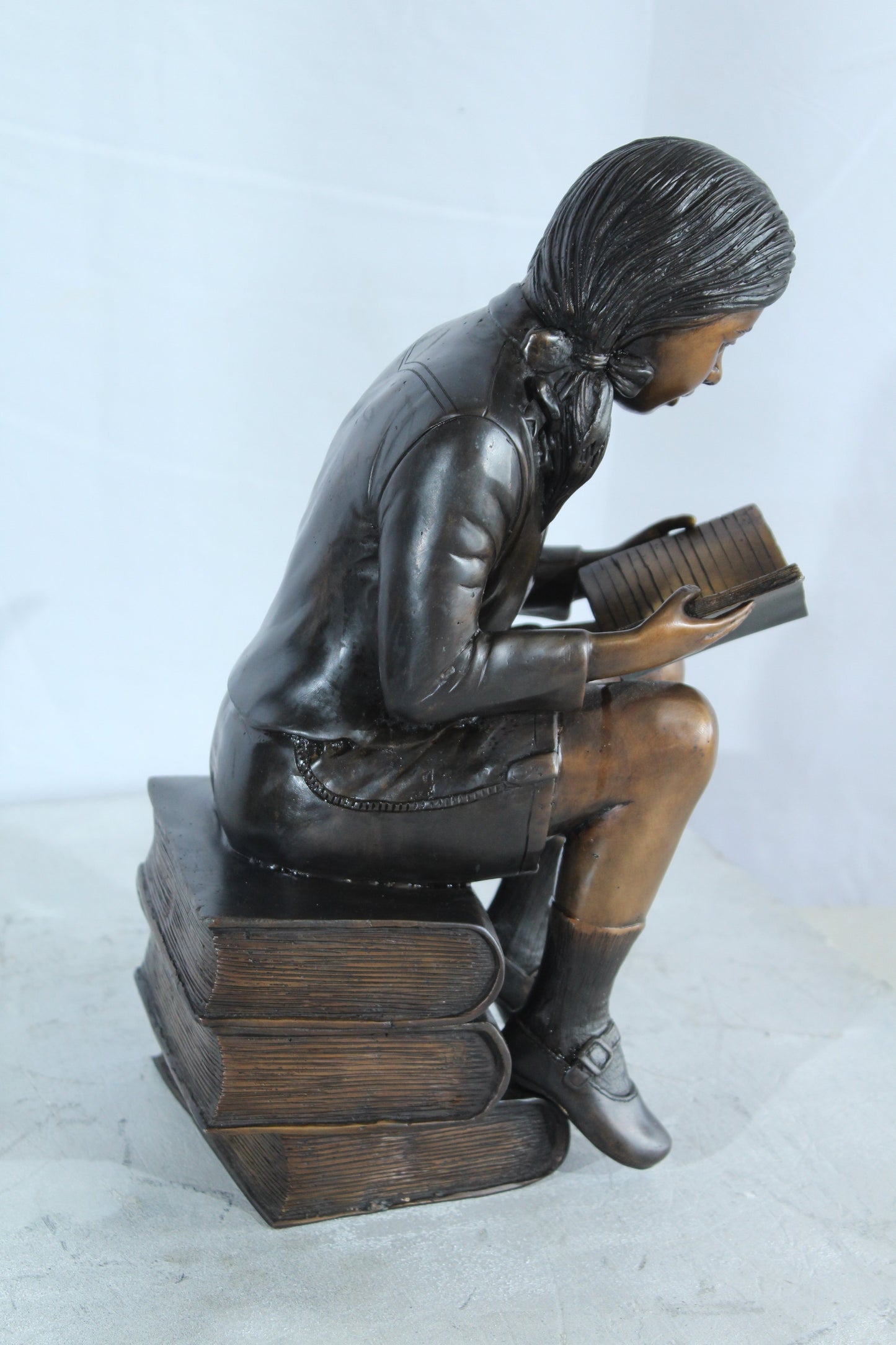 NIFAO Bronze Girl Reading Statue on Book Stack Library Sculpture Art 8" x 6" x 15"H