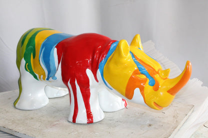 Fiberglass Rhino Statue Dynamic Presence with Paint Droplets 30" x 12" x 12"H