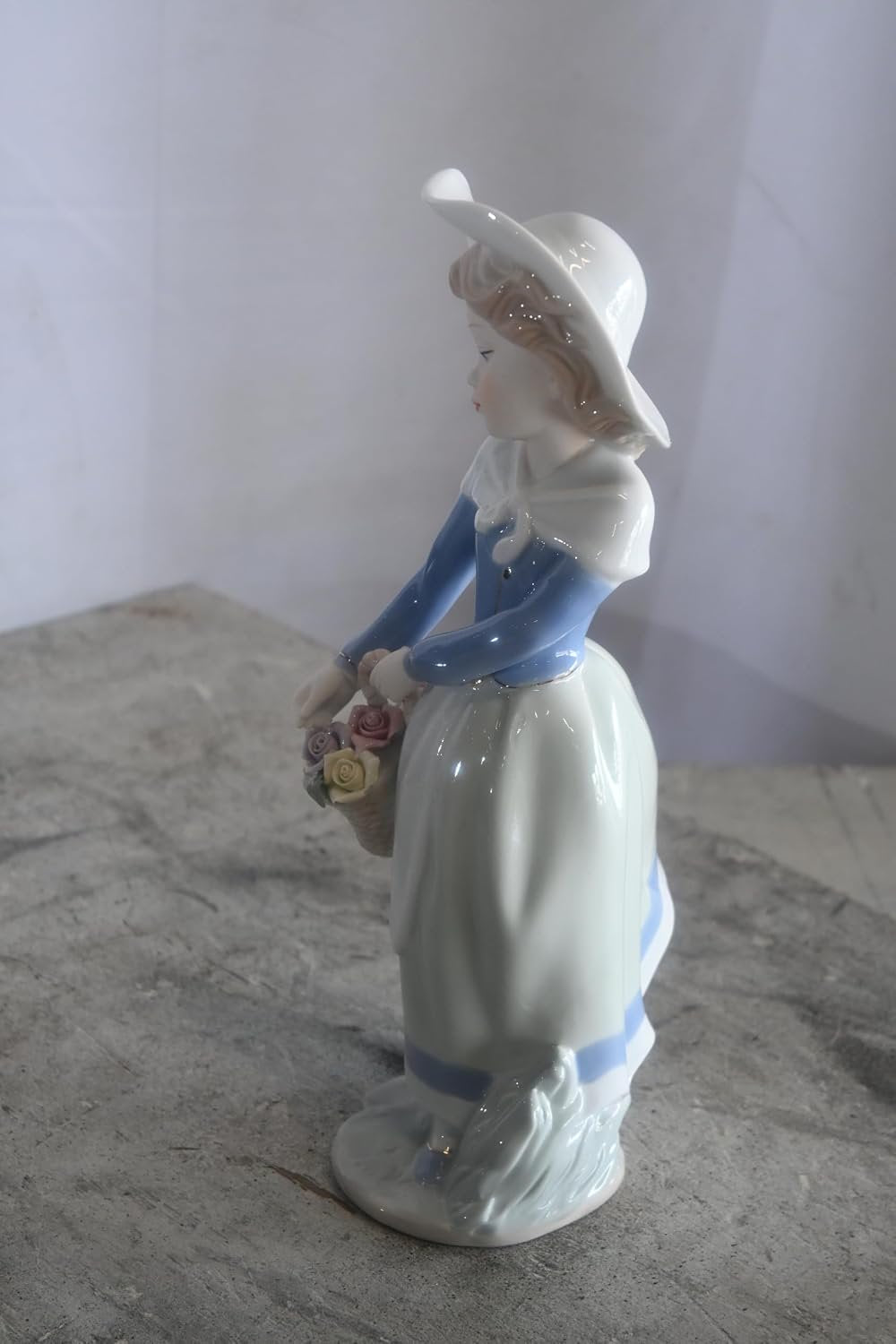 Porcelain Girl Carrying Flower Basket Blue Jacket Statue 6"x5"x12"H