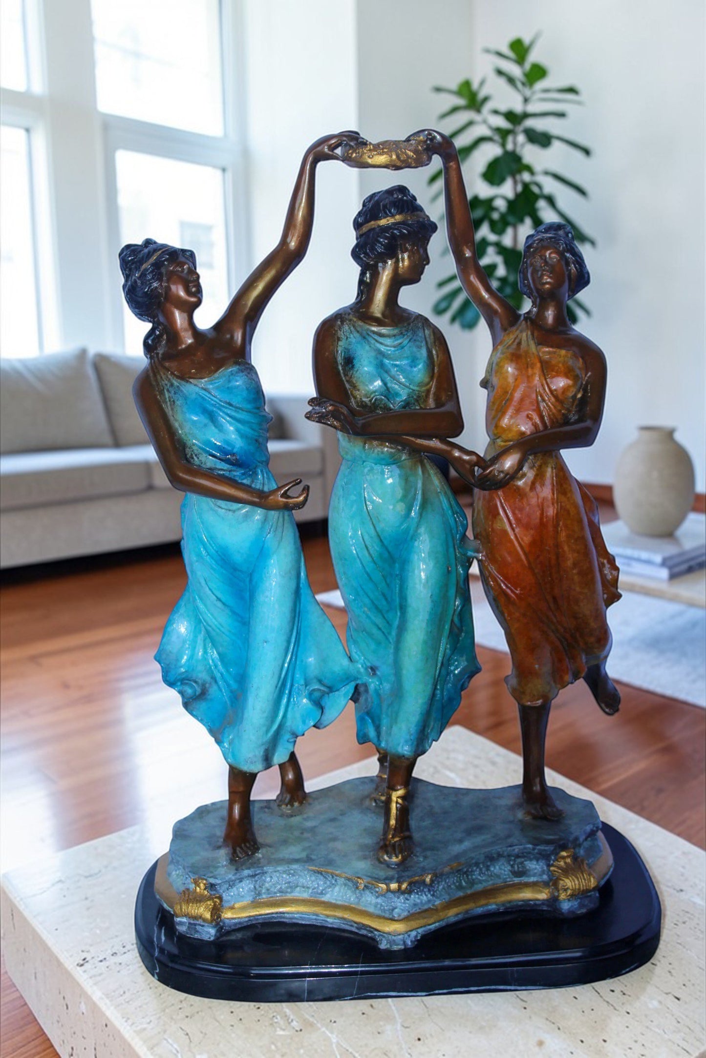 Three Dancing Ladies, Colorful Bronze Statue on a marble base 15" x 10" x 23"H