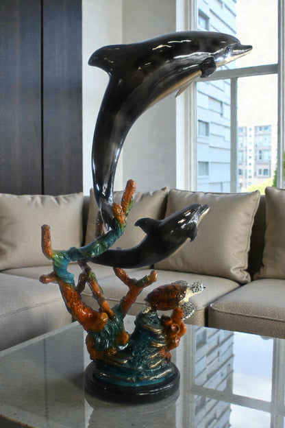 Two Dolphins with Sea Turtle on Coral Bronze Sculpture 18"x10"x29"H